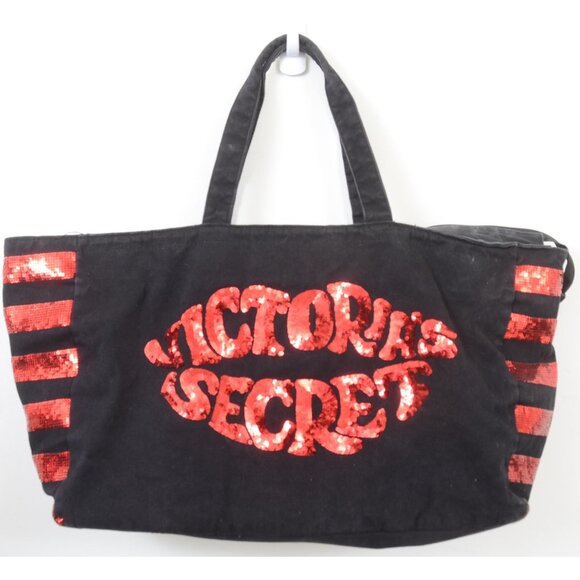 Victoria’s Secret Sequin Lip’s Black Red X-LARGE Tote Carry-on Duffle Weekender - Picture 3 of 13